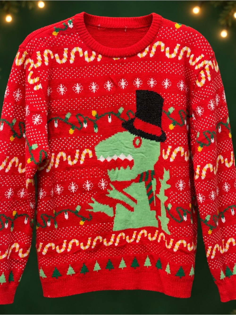 Ugly Christmas Sweater T-Rex Dinosaur Candy Cane Lights Red Size Large